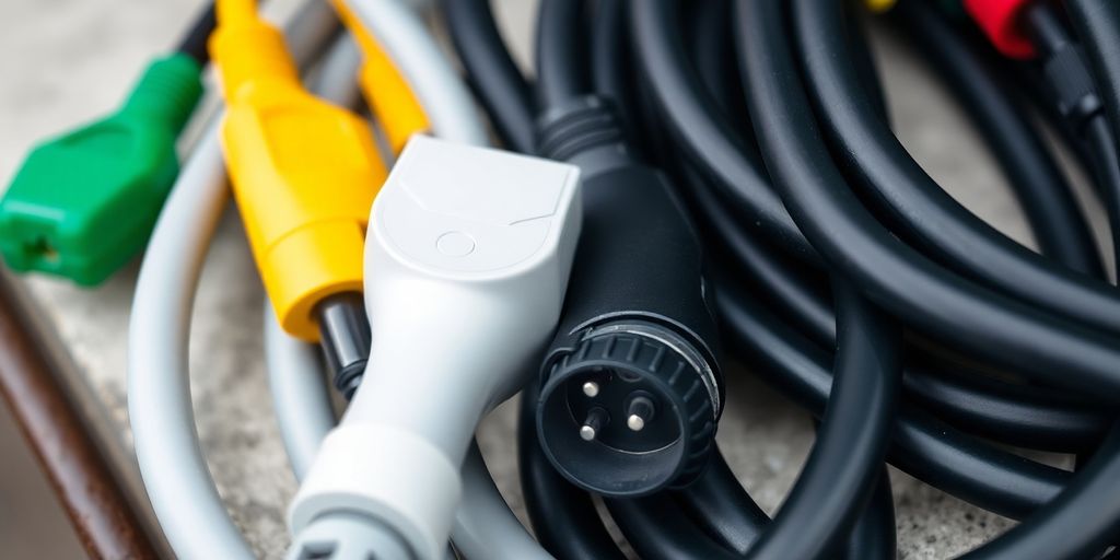 Close-up of electric vehicle charging cords on a surface.