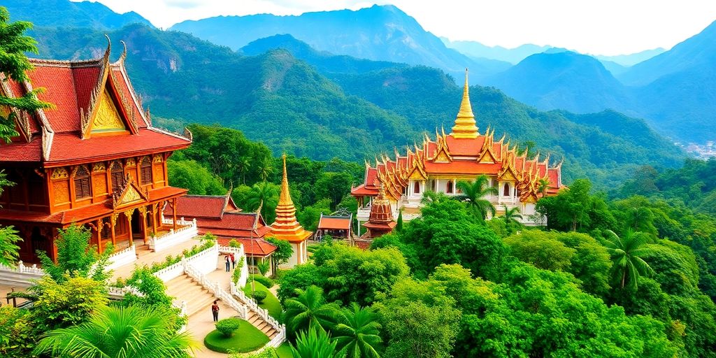 Scenic view of Chiang Mai's mountains and vibrant temples.