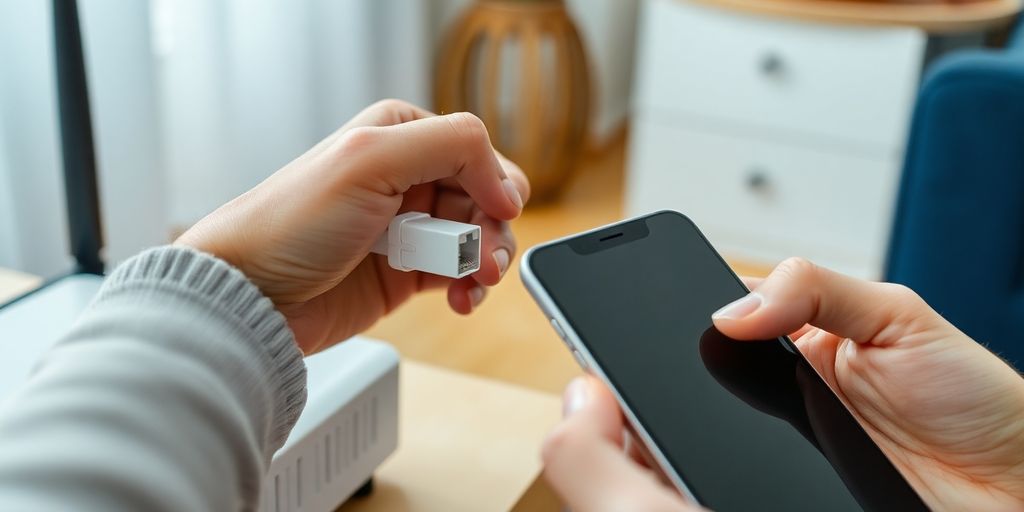 Person connecting a router to a device.
