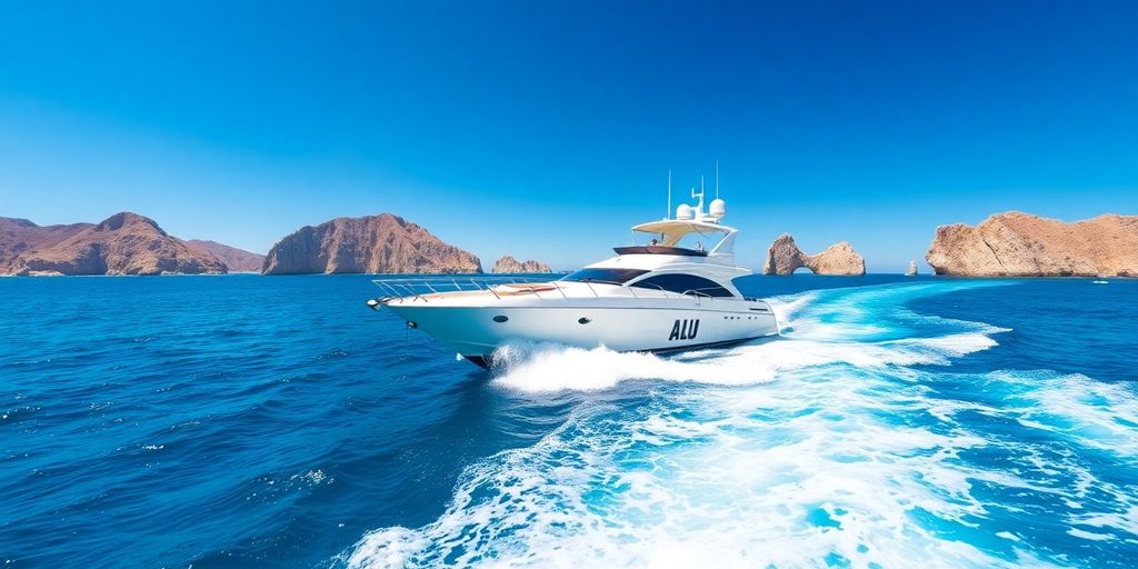 Luxury yacht sailing on turquoise waters near Cabo.
