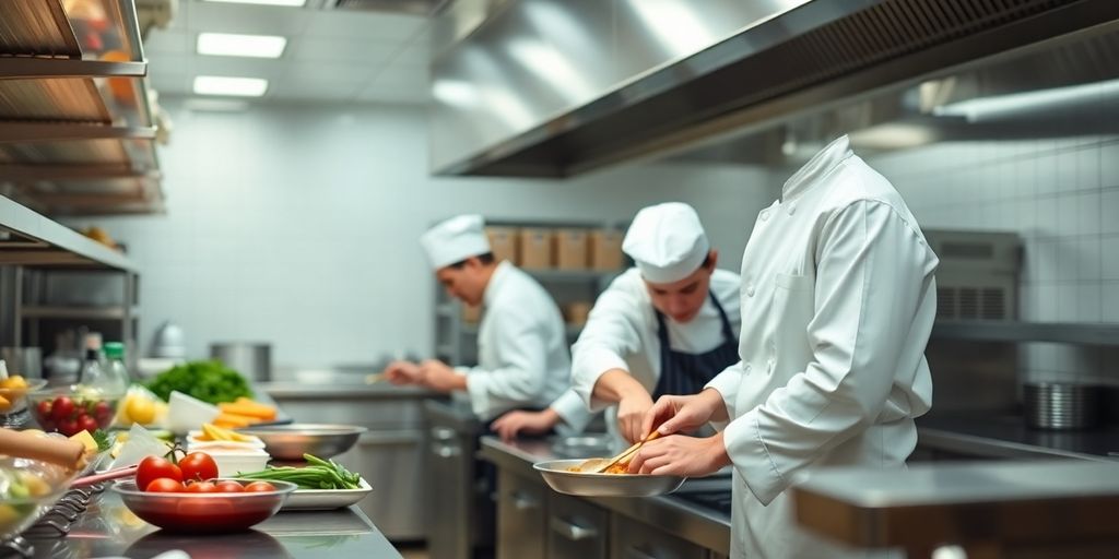 Cuisine professionnelle propre avec chefs préparant des aliments.