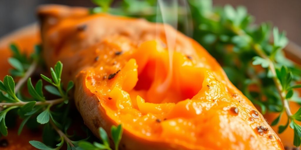 Close-up of a baked sweet potato on a plate.