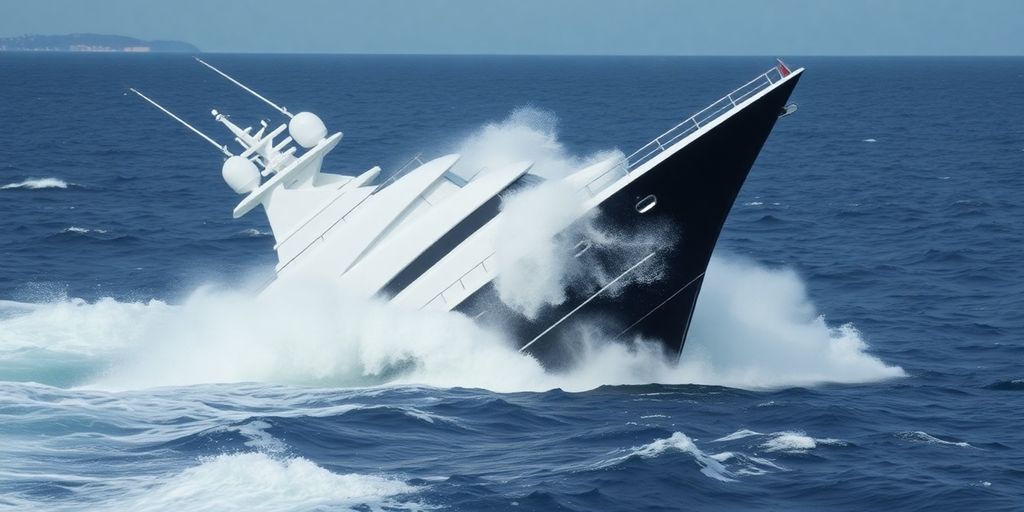 Luxury yacht sinking in the sea off the Italian coast.