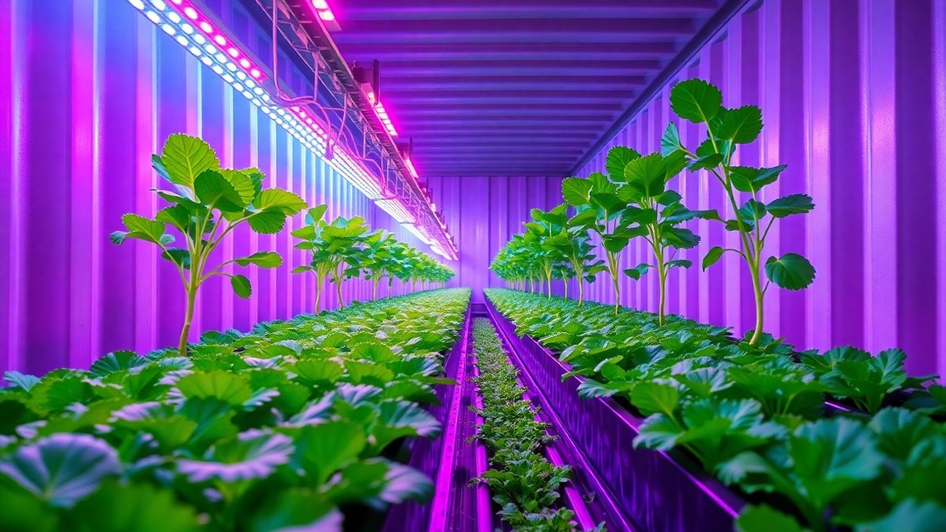 Shipping container farm with bright LED grow lights.