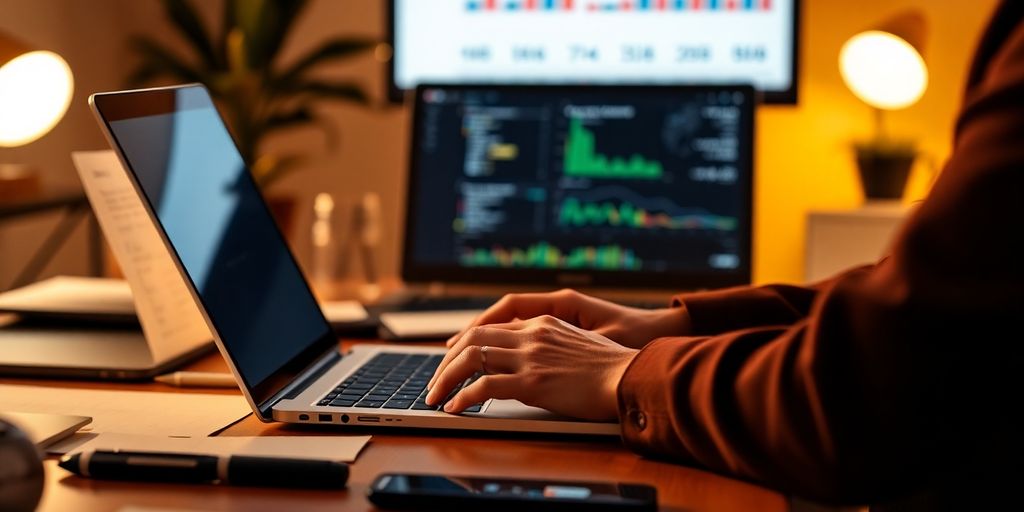 Business professional working on CRM tools at a desk.