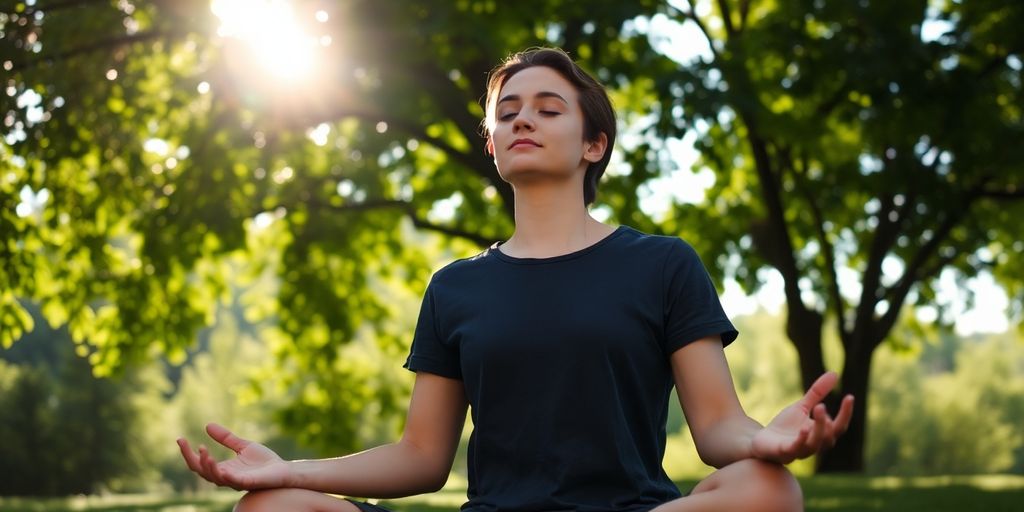 Person meditating peacefully outdoors, surrounded by nature.
