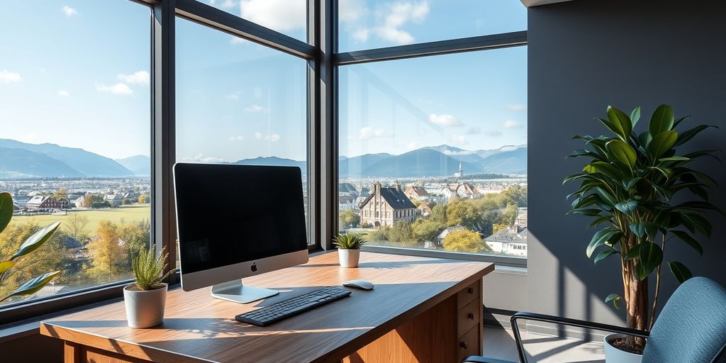 Modernes Büro mit Computer und Pflanze