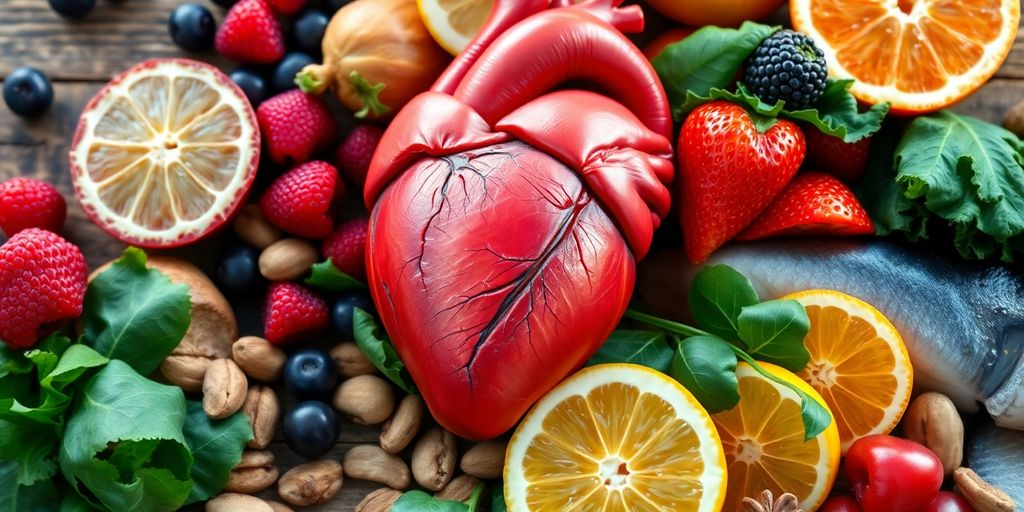 Heart, fruits, vegetables, nuts, and fish.