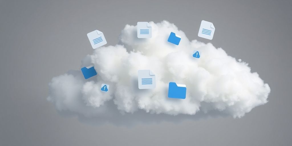 Photorealistic cloud with digital storage icons in neutral tones.