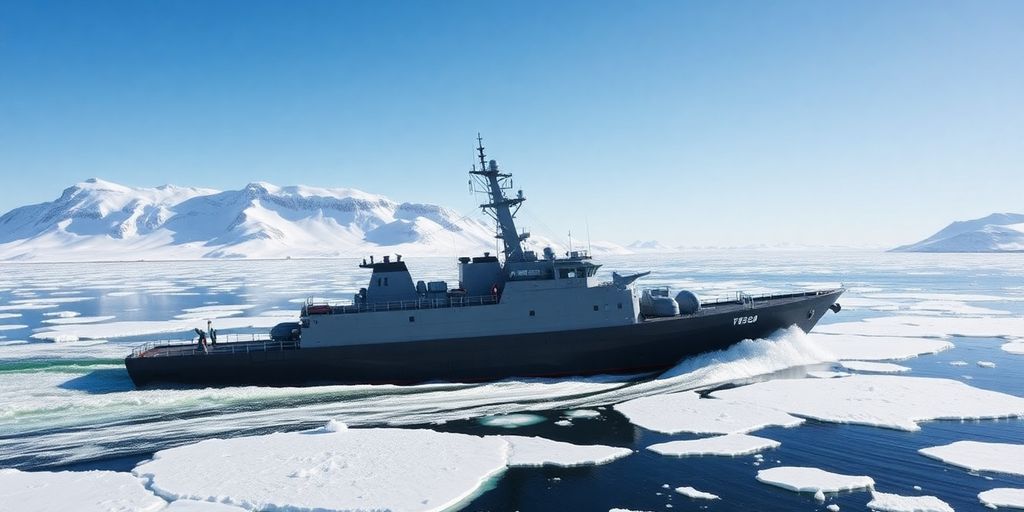 Military vessel in icy Arctic waters with mountains.