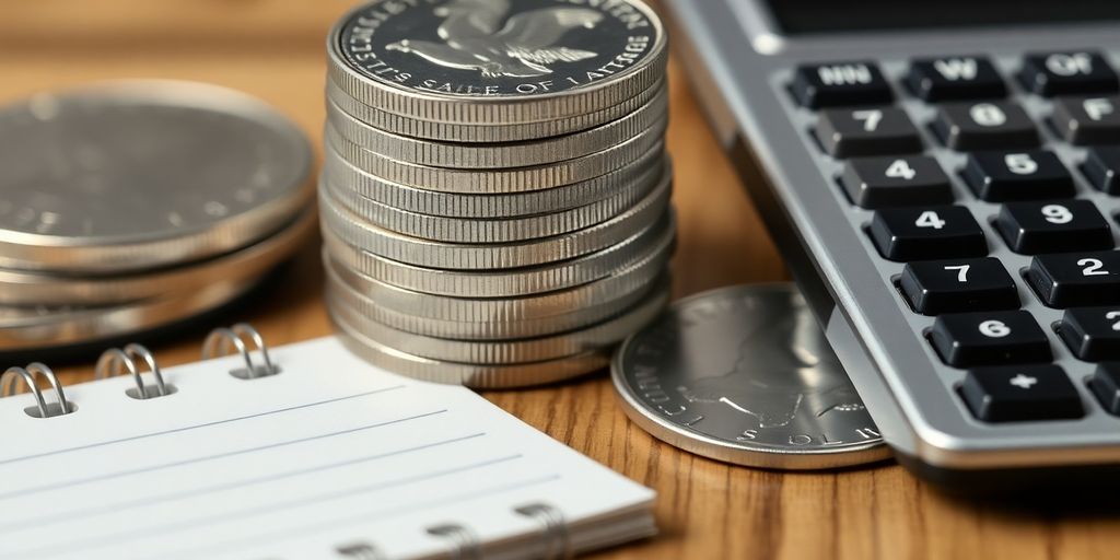 Détails des pièces d'argent avec une calculatrice et un carnet.
