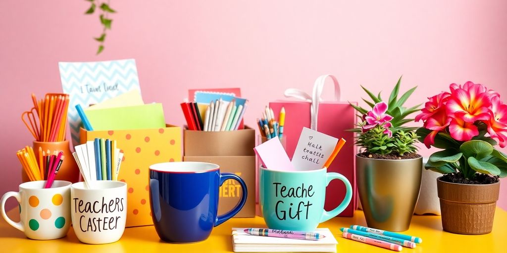 Colorful assortment of fun teacher gifts on a desk.