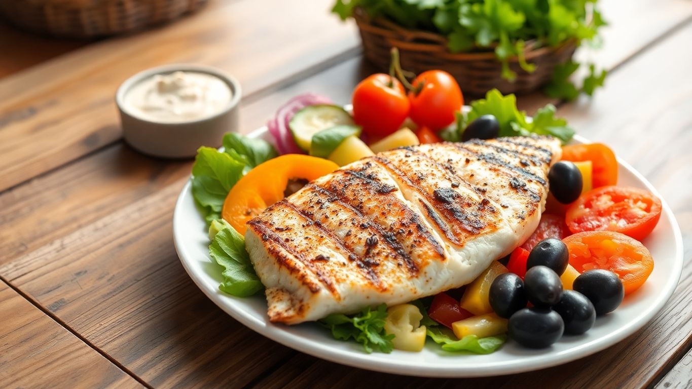 Mediterranean low carb meal with fish and vegetables.