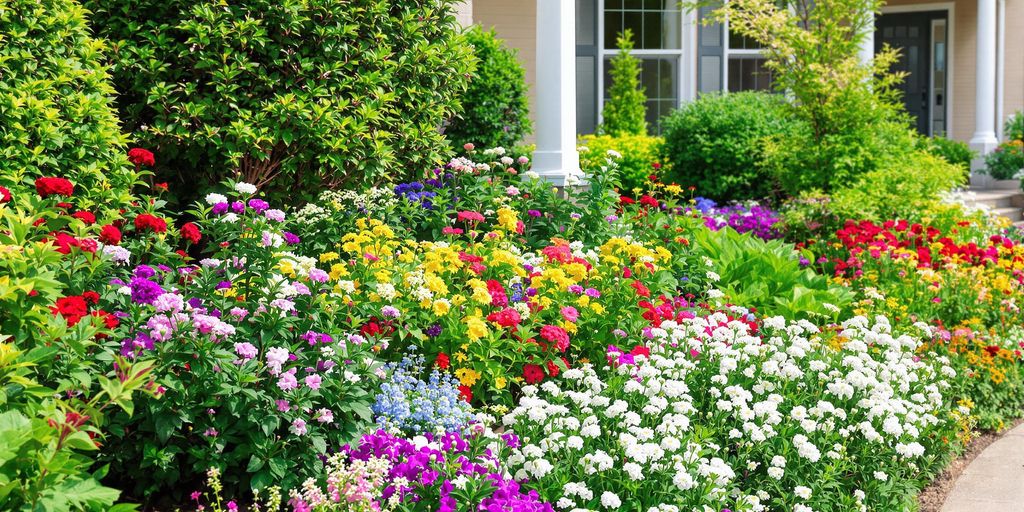 Vibrant flower beds enhancing a home's entrance and curb appeal.