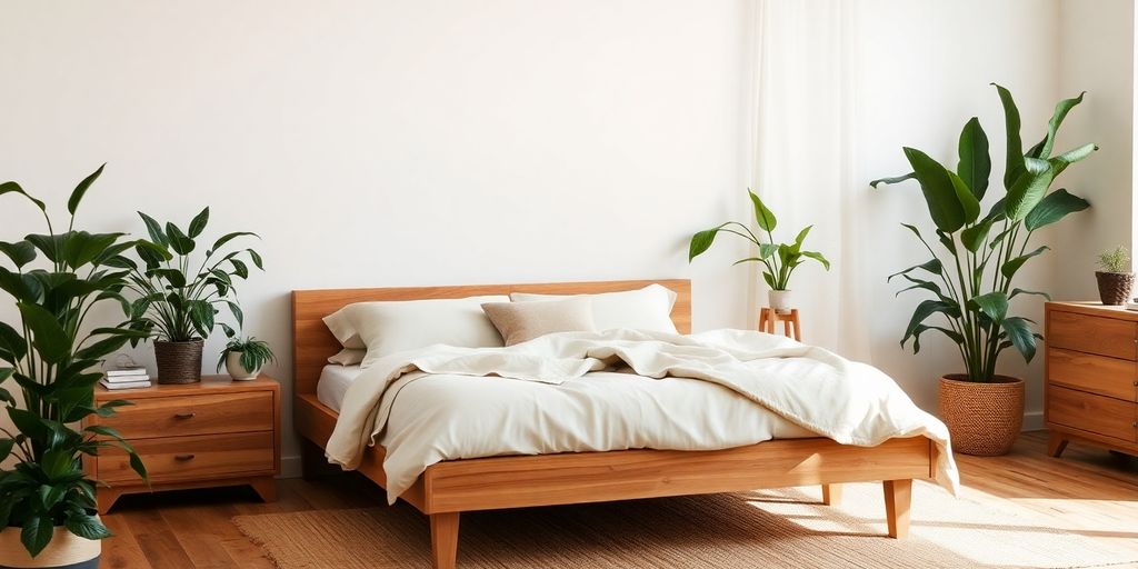 Serene bedroom with natural wood accents and lush plants.