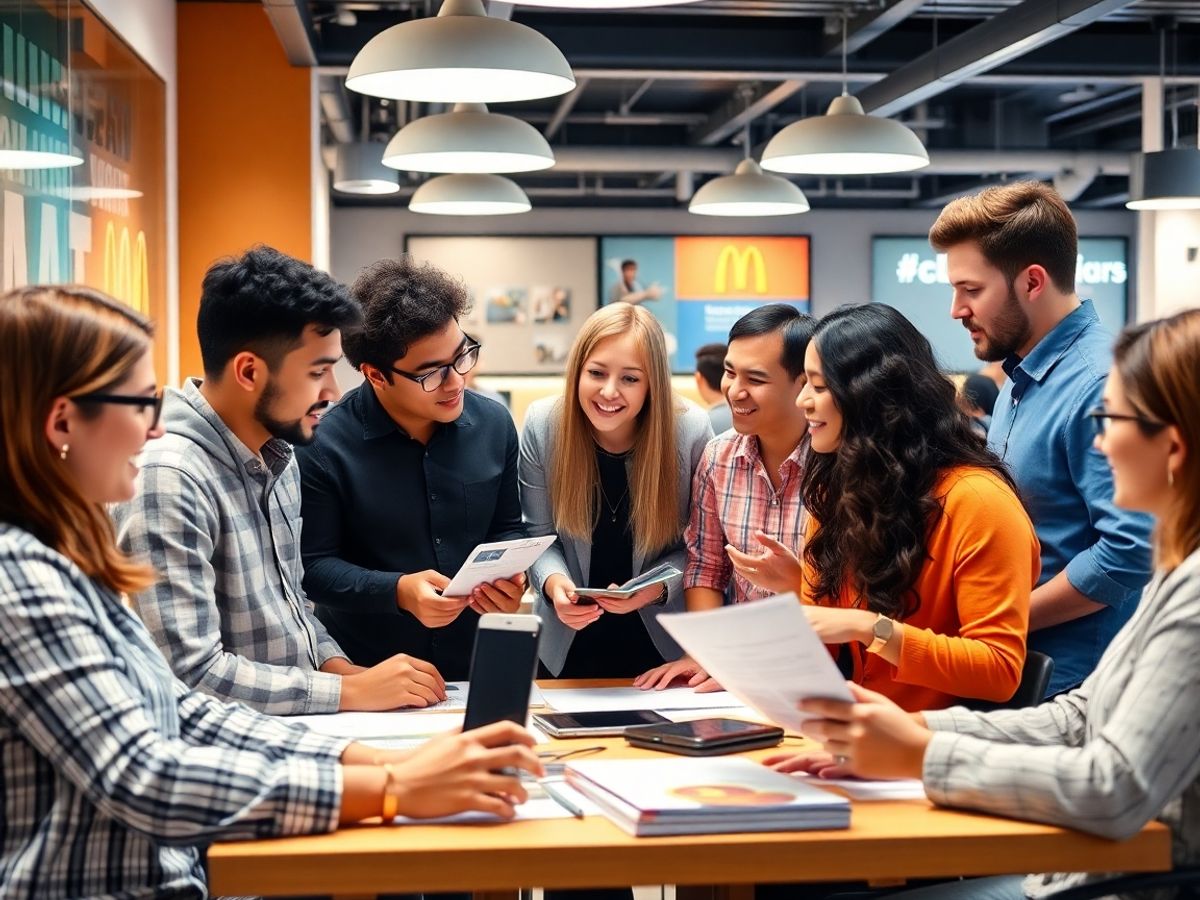 Diverse team collaborating in a modern marketing office.