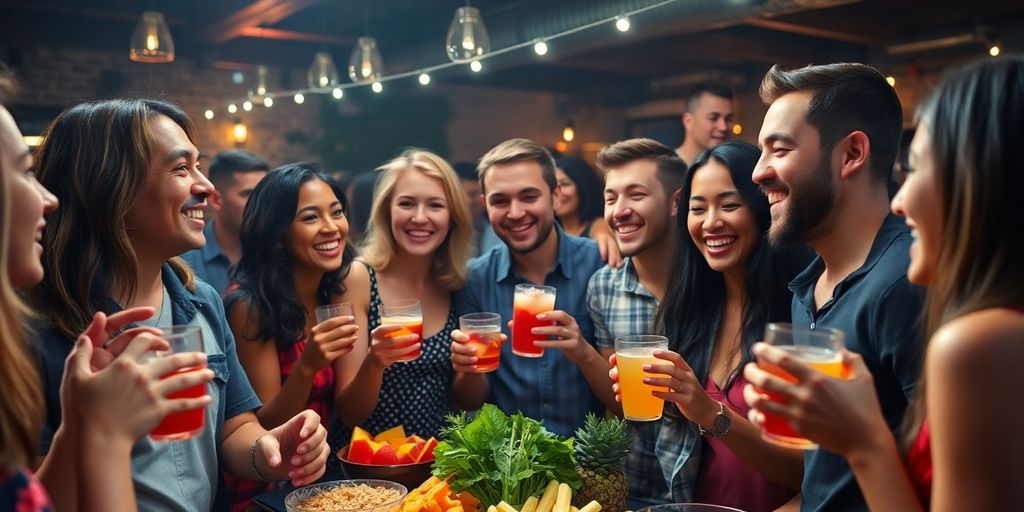 Group of friends enjoying drinks and healthy snacks.