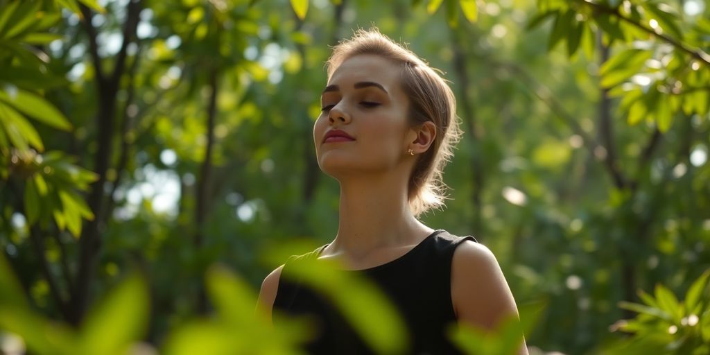 Person meditating peacefully in a serene natural setting.