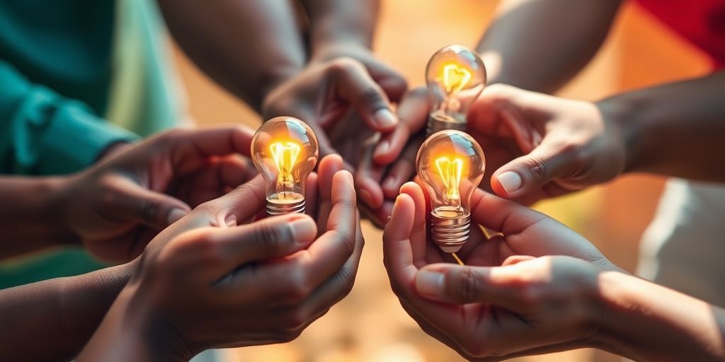 Diverse hands holding small, glowing lightbulb models.