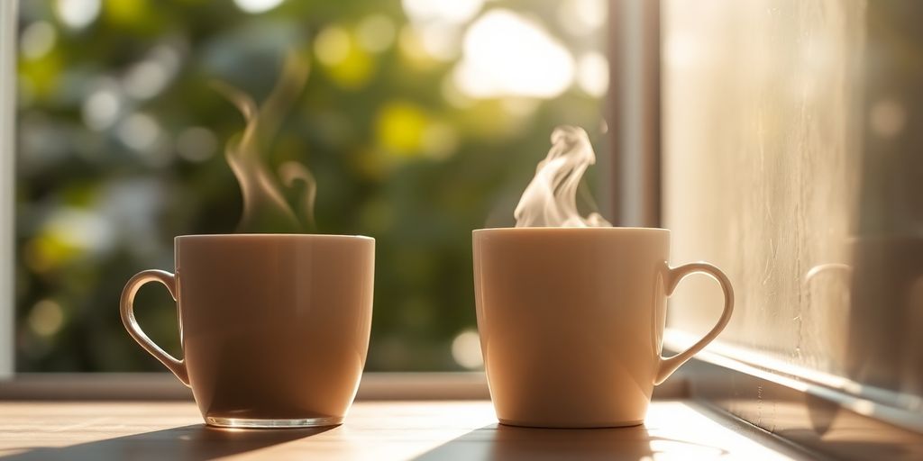 Fröhlicher Morgen mit Kaffee und Sonne.