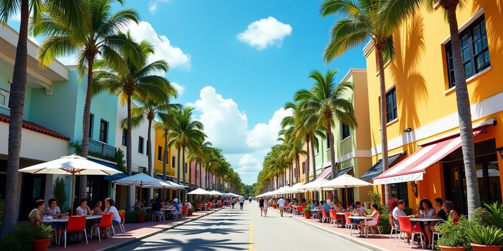 Vibrant street scene in Aventura, Florida with palm trees.