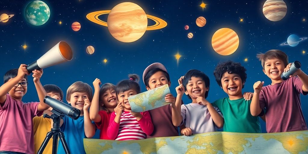 Children exploring outer space with telescopes and star maps.