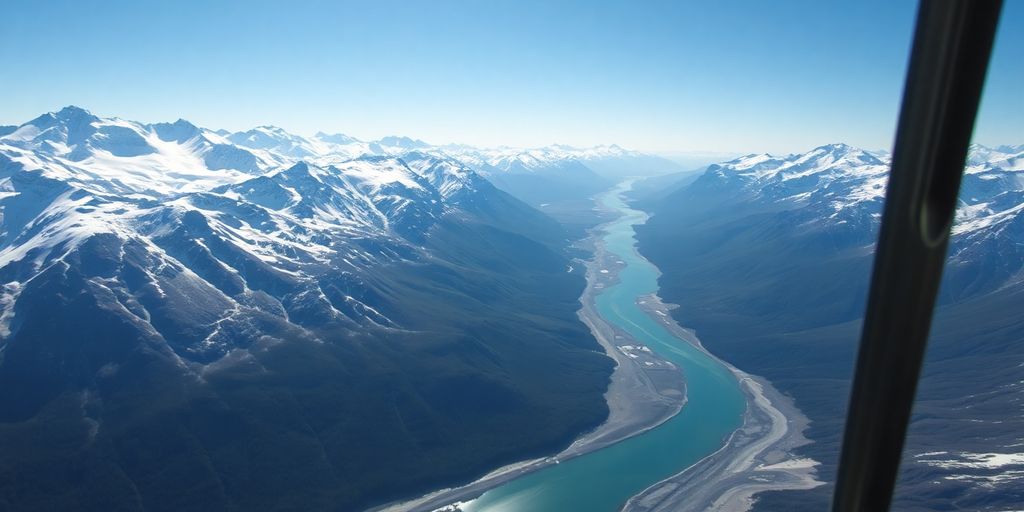 A helicopter flying over a vast Alaskan mountain range.