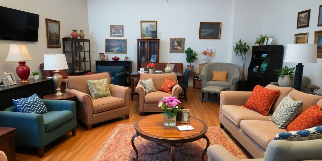 Cozy living space with assorted used furniture items.