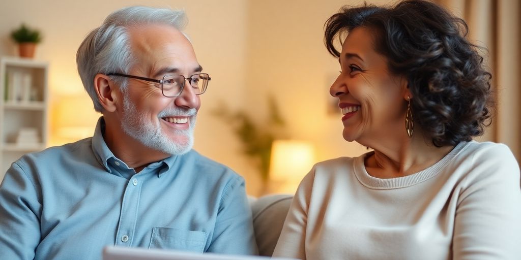 Couple discussing retirement healthcare options at home.