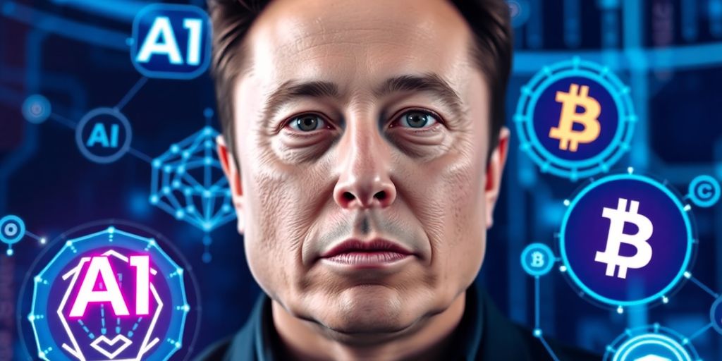 Elon Musk’s Grok + Crypto: What You Need to Know Now 3 Elon Musk with AI and crypto icons in background.