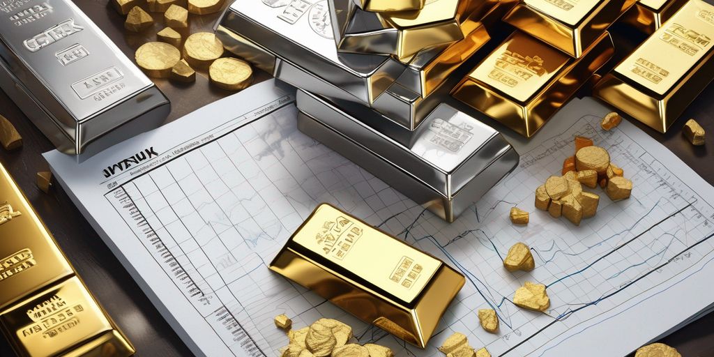investor analyzing precious metals market with charts and gold bars