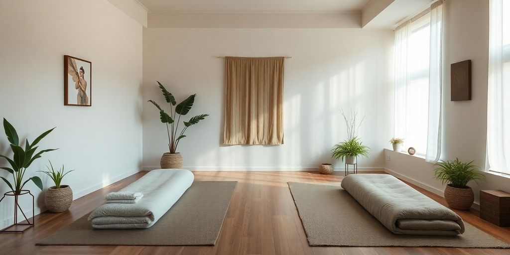 A tranquil massage room with soft lighting and decor.