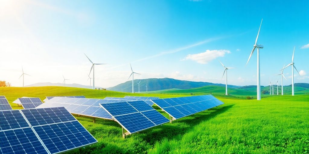 Green landscape with solar panels and wind turbines.