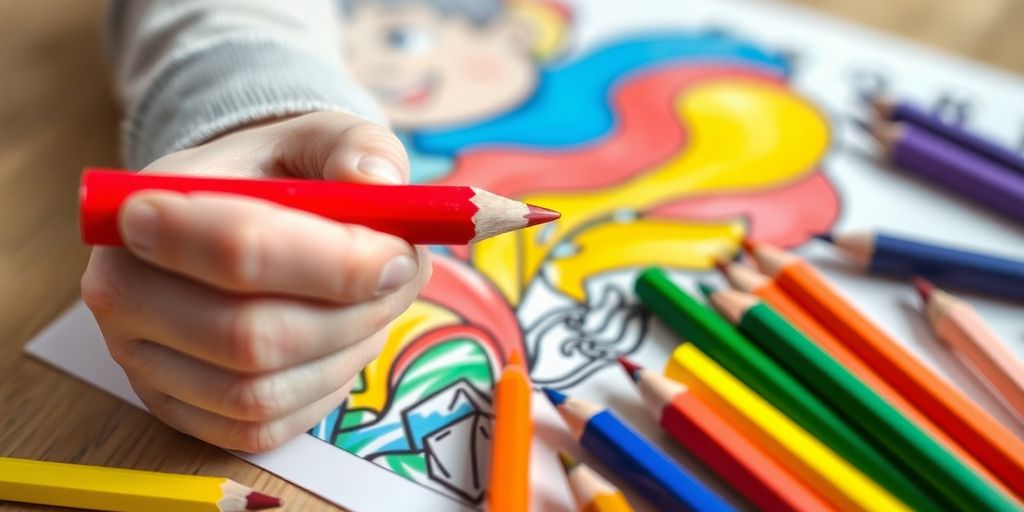 Kids coloring, vibrant school supplies, classroom fun.