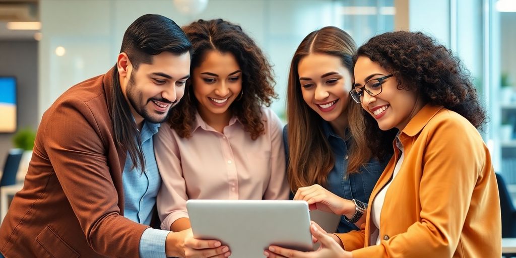 Diverse team collaborating in a modern office setting.