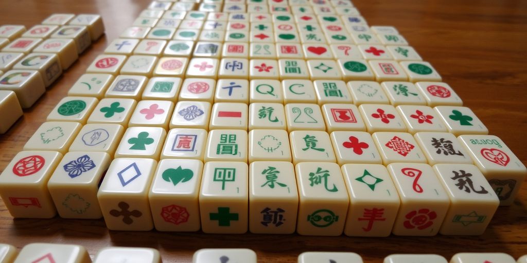 Mahjong tiles arranged in rows on a wooden table.
