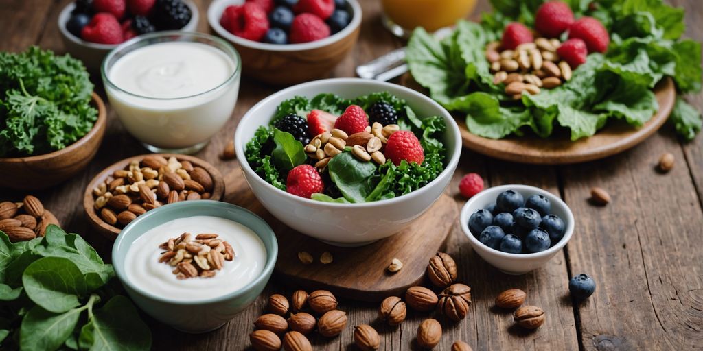 A variety of stress-reducing and gut-healthy foods like leafy greens, berries, nuts, and yogurt on a wooden table.