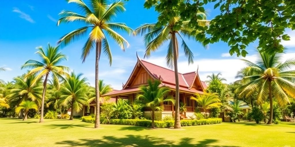 Beautiful Thai house amidst lush greenery and palm trees.
