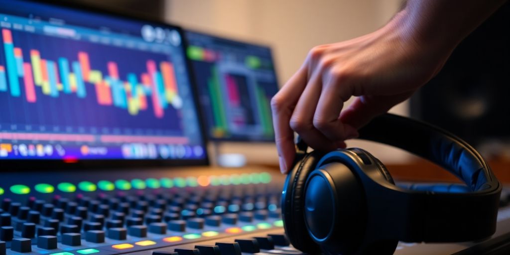 Music producer using AI mastering tool.