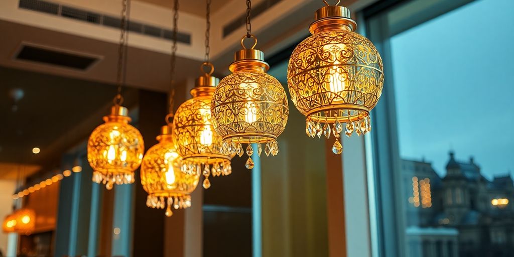 Elegant luxury hanging lights illuminating a modern dining room.