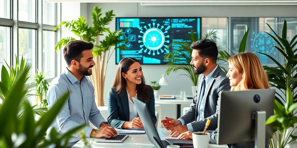 Profissionais de negócios colaborando em um escritório moderno.