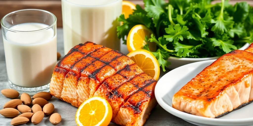Photographic image of bone-healthy foods: milk, greens, salmon, nuts, oranges.