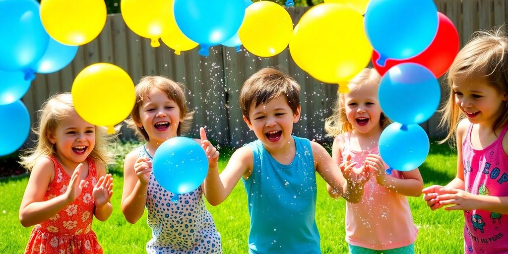 Kinder spielen lachend mit wiederverwendbaren Wasserballons