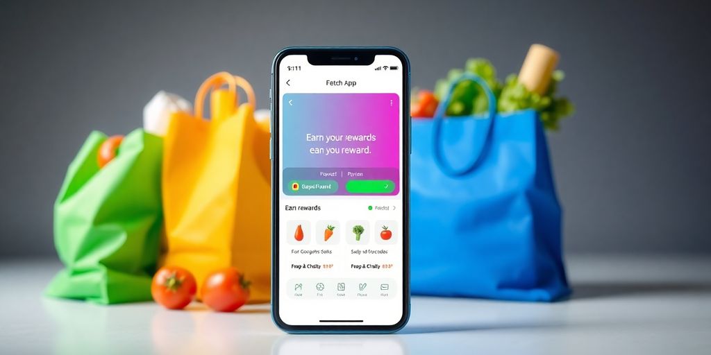 Smartphone with Fetch App and shopping bags.