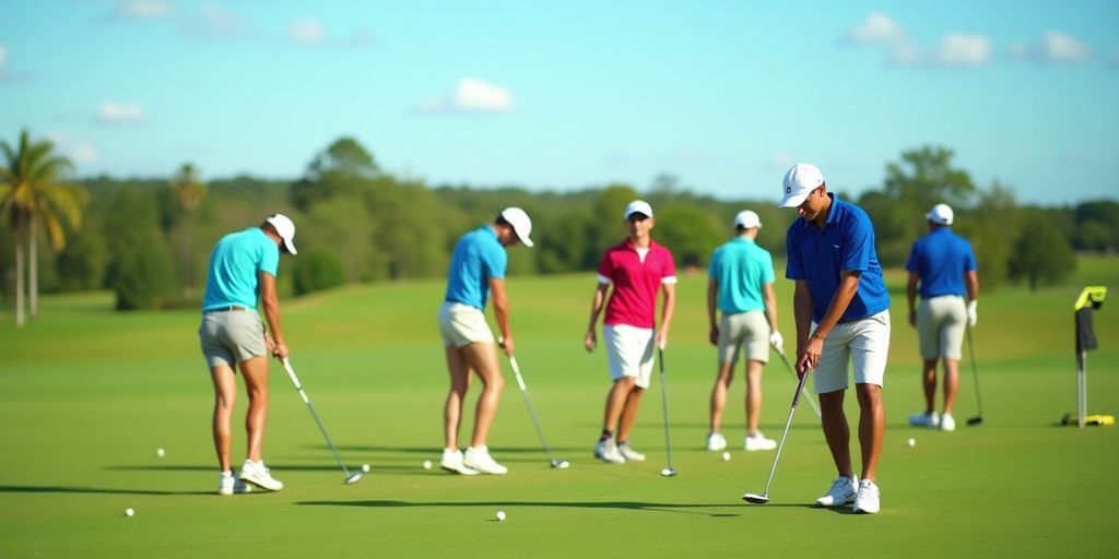 PGA players practicing together on a golf course.