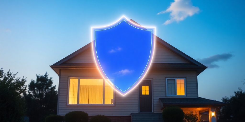 Casa con escudo protector y cielo despejado.