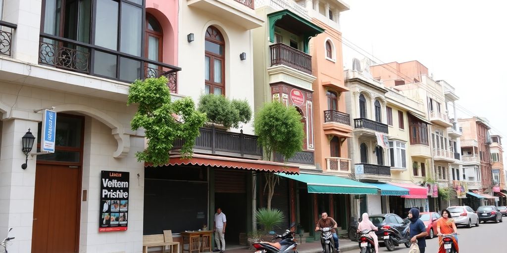 Colorful Lahore street with rental properties and activity.