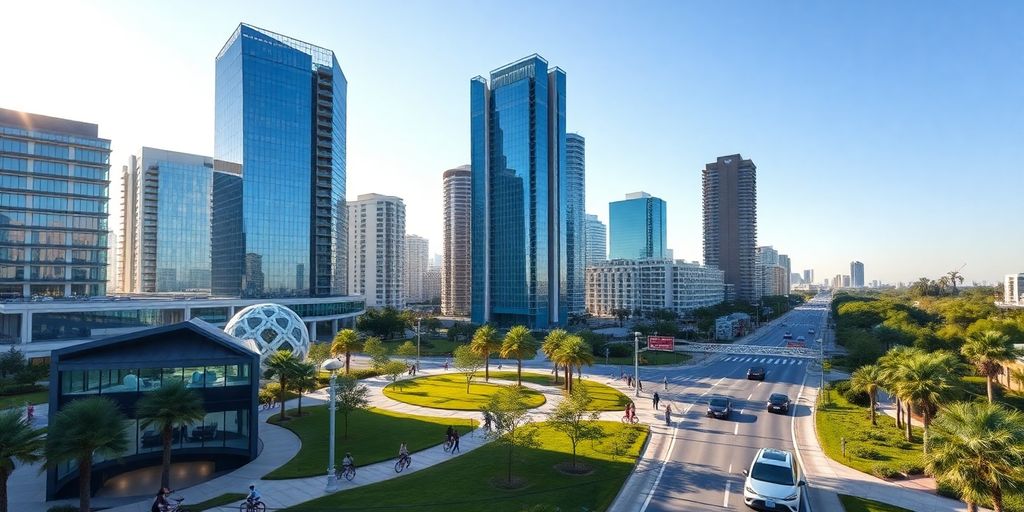 Aerial view of Tampa's smart city landscape and technology.