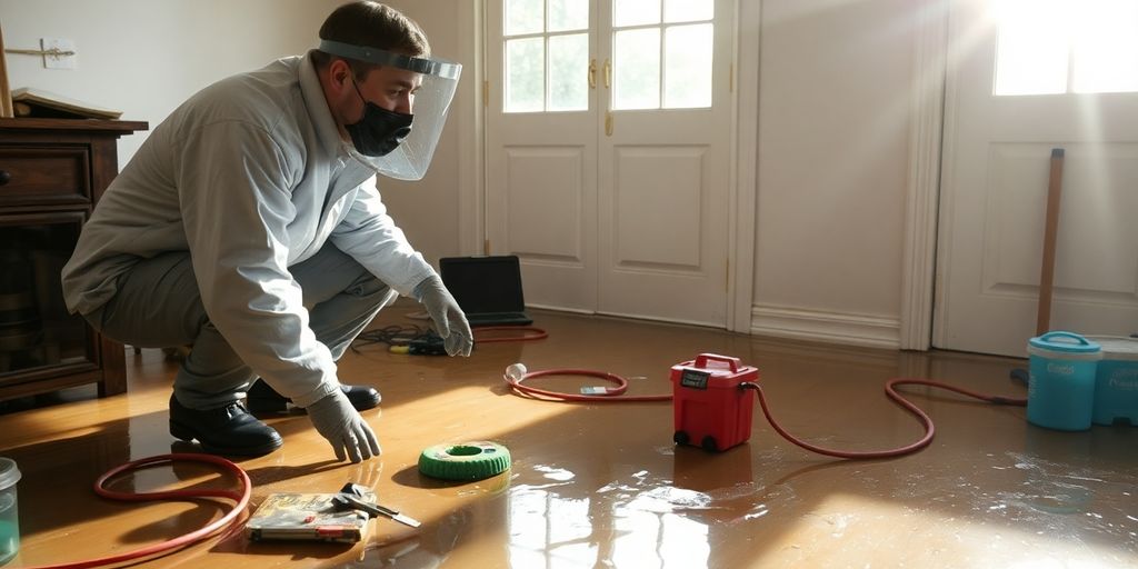 Water damage expert examining flooded home interior.