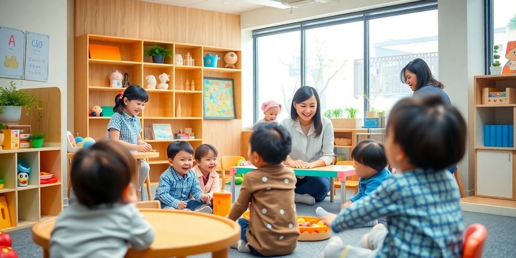 Children playing in a bright Tokyo nursery setting.